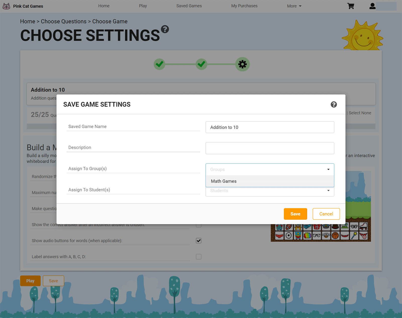 screen capture of the save game settings popup
