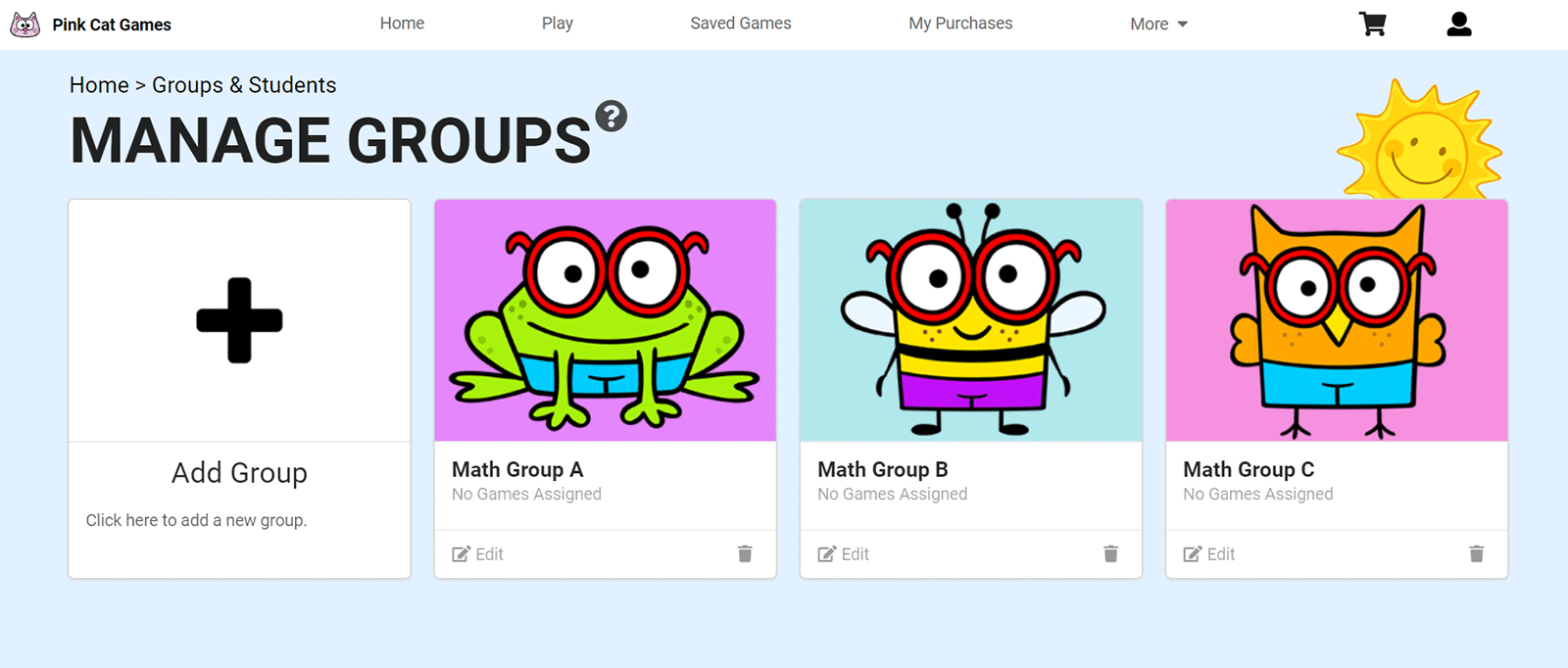 screen capture of the Manage Groups page with three leveled math groups.