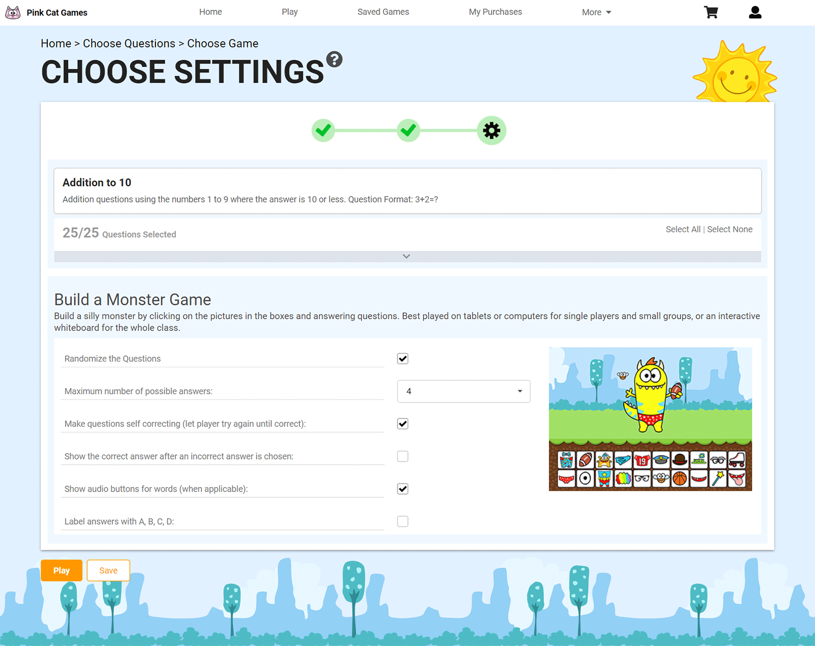 screen capture of the game settings page