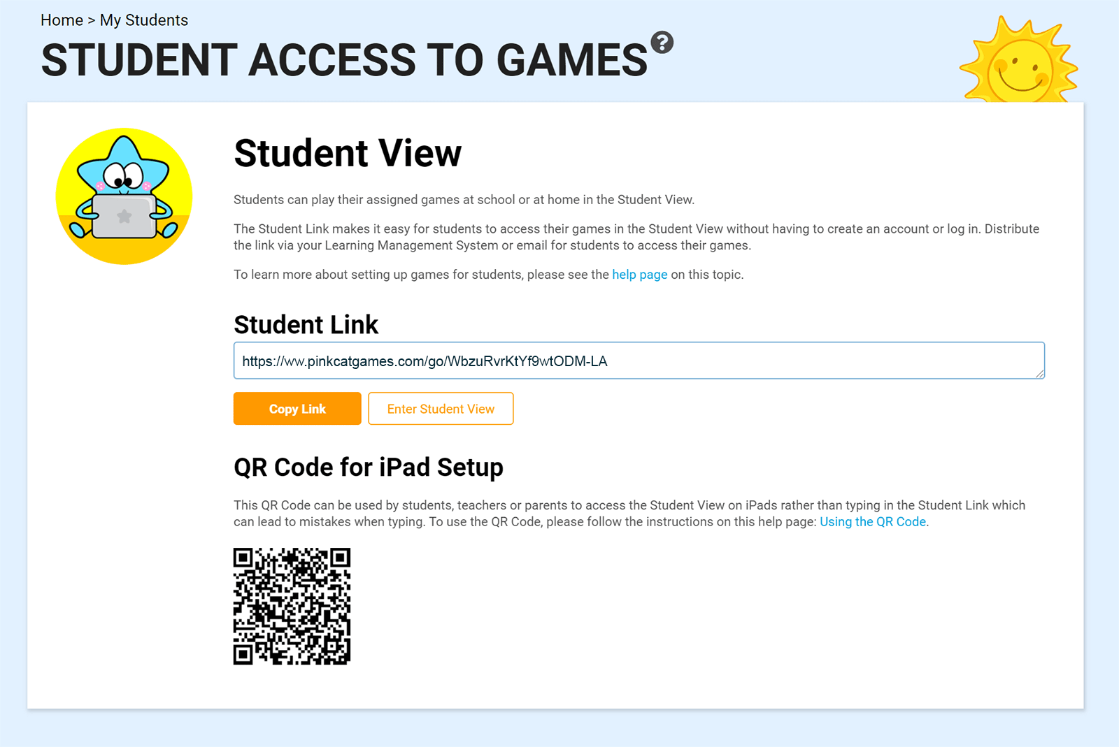 screen capture showing the student link for in class and distance learning