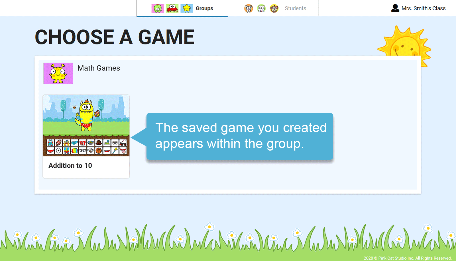 screen capture of the Student View with a game inside a group